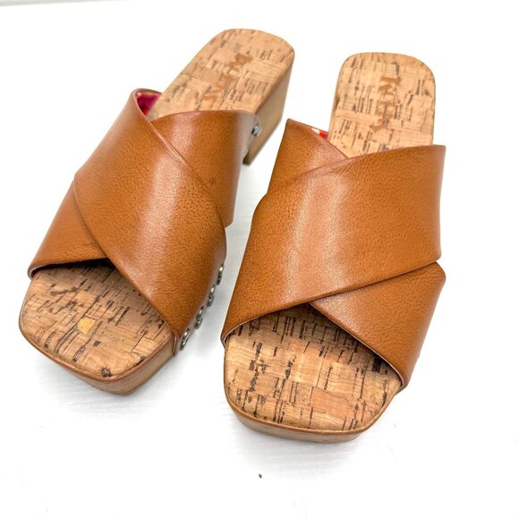 Korks Lynda Crisscross Woodgrain Platform Rivet Chunky Sandals Womens 8 Brown - Picture 1 of 9